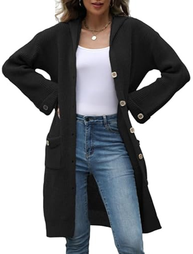 KIJSKKOPO Cardigan Lungo con Cappuccio in Maglia da Donna, Blu Maniche Lunghe Arrotolate con Bottoni Giacca da Mezza Stagione in Maglia A Trecce Cappotto con Cappuccio Caldo Casual Autunnale Inverna