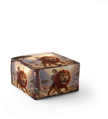 GIFTIMIZED Personalised Kids Lion Pouffe Upload Your Face Funny Custom Photo Seat Cube Pouffe Round Pouffe Low Seat Playroom Bedroom