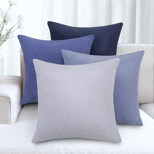 KENOBE Kissenbezug 40x40cm Weihnachten Weiche Kordsamt Kissenbezüge 4er Set | Dekokissen Sofakissen Cord Zierkissenbezug Dekorative Kissenhülle für Sofa Wohnzimmer Schlafzimmer, Blaue Serie