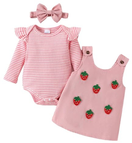 LUVCES Conjunto Falda de Pana para Bebé Niñas Manga Larga Acanalado con Forma de Corazón Top+ Vestido con Tirantes +Diadema 3 Piezas Ropa Traje para San Valentín Fresa de rayas rosas 12-18 Meses