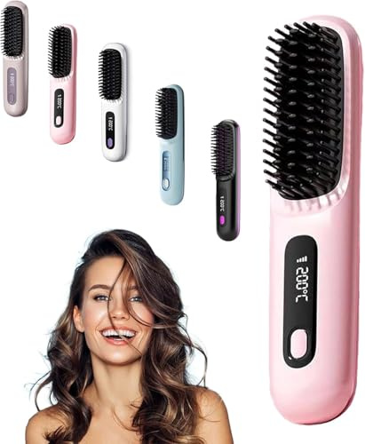 Go Brush Pro,Kabellose Haarglätterbürste, Upgrad Glättbürste,Verbrühungsschutz Glätteisen,Tragbarer Mini Heißer Kamm Wiederaufladbare Beheizte Bürstefür Haarstyling, Reise Täglichen Gebrauch (Pink*1)