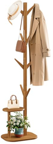 Mavivegue Wooden Coat Stand with 8 Hooks and Storage Shelf,Solid Wood Base