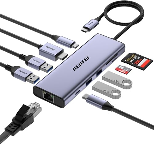 BENFEI USB C Hub 10-in-1 Docking Station, 4K@60Hz HDMI, Gigabit Ethernet, 100W PD, 5Gbps USB-C Daten, 4X USB-A 3.0, 170MB/s SD/TF Kartenleser für MacBook Pro/Air, iPad Pro, iMac, Galaxy S23, XPS 17