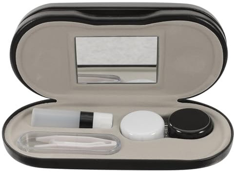 2 in 1 Glasses Case Double Sided Hard Shell Eye Case for women with Built-in Mirror, Tweezer and Solution Bottle Portable Storage Box for Travel, Black