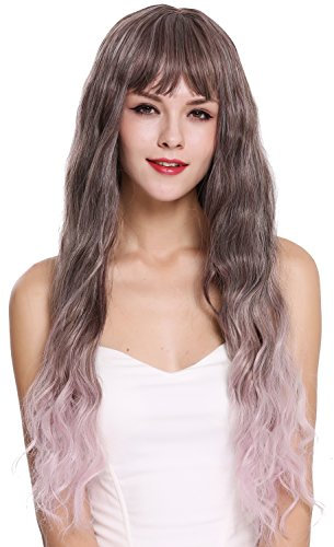 WIG ME UP- DL-003 peluca de mujer flequillo pelo muy largo ondulado rizado gris castaño lila balayage ombré mix