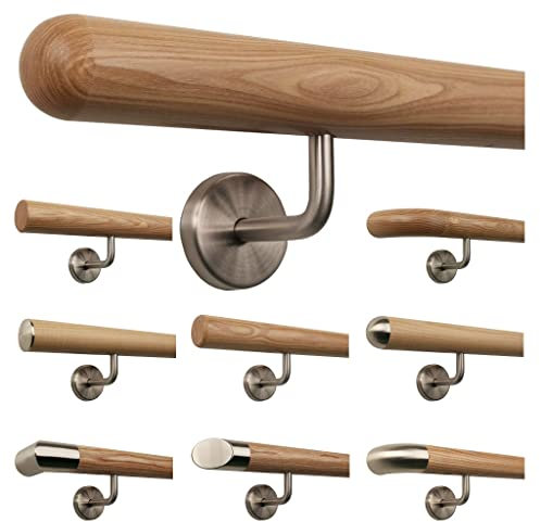 TIBU Esche Holz Handlauf Geländer 0,3m - 6m, Länge 80 cm, Ende Halbkugel gefräst und 2 gewinkelte Halter