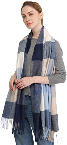 Longwu les femmes doux cachemire écharpe en laine de grandes pashminas châle et enroule chaleureuse a volé couverture Bleu foncé