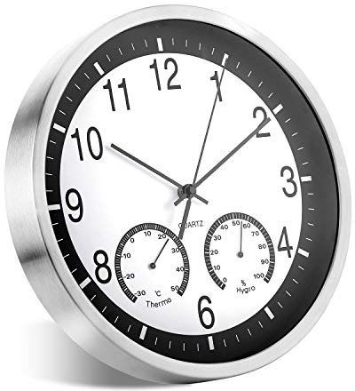 ALEENFOON 12 Zoll Modern Leise Wanduhren aus Metall für Wohnzimmer Küche Ohne Tickgeräusche Luftfeuchtigkeit Temperatur Feuchtigkeit Innenuhr Nicht Tickende Wanduhren Hängende Uhr