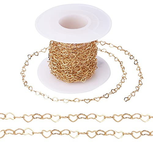Catena a maglia ovale piatta, 5 m/rotolo, in ottone con placcatura in vero oro 18 kt, con cuore, 3 x 5 mm, per choker, bracciali, collane e per la realizzazione di gioielli
