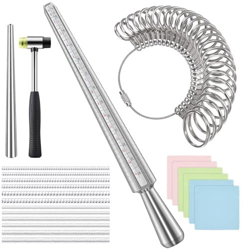 Ringgrößen-Messwerkzeug, IKOCO Ringgrößen-Set mit Gummihammer, Schmuck-Reinigungstuch und Metalldorn, Fingergrößenmessstab für Schmuckherstellung