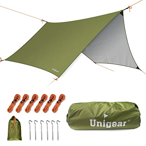 Unigear Telo da Campeggio Impermeabile, Telone per Tenda da Pioggia per Amaca 450x420cm / 350x290cm Esagono Tarp PU 3000mm Protezione UV Leggero e Compatto per Zaino in Spalla, Escursionismo, Viaggi