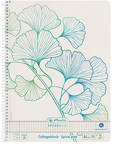 Herlitz Spiralblock GREENline A4, Lineatur 28, 70 Blatt, Motiv Ginkgo, 5 Stück