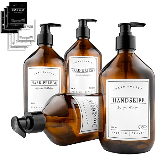 MONOKO 4er Set Seifenspender Glas Braun 500ml | Shampoo Flaschen zum Befüllen | Spülmittelspender Küche | Duschgel Spender + Aufkleber