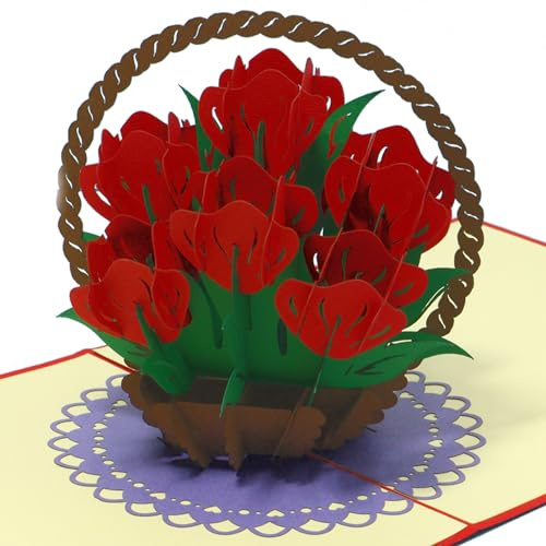 LINPOPUP Pop Up Karte Rosen 3D – Rosenkorb Blumen Grußkarte, Popup Geburtstagskarte Muttertag Valentinstag Dankeschön, 3D Blumenkarte als Geschenk, Überraschungskarte mit Umschlag, N720