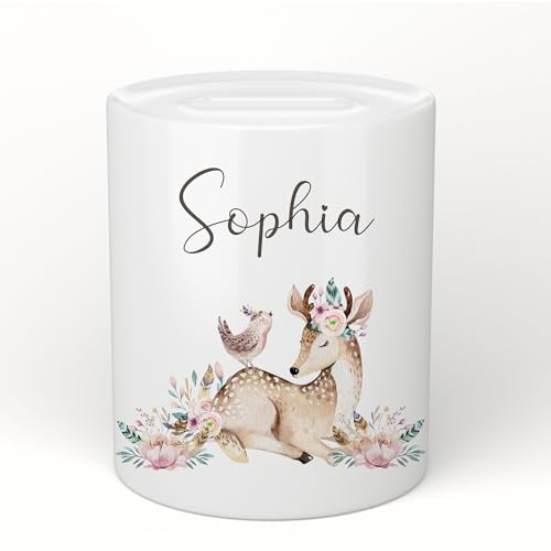 Manufaktur Liebevoll Personalisierte Spardose Kinder Mädchen Kinderspardose mit Namen Spardose Keramik (Motiv Sophia)