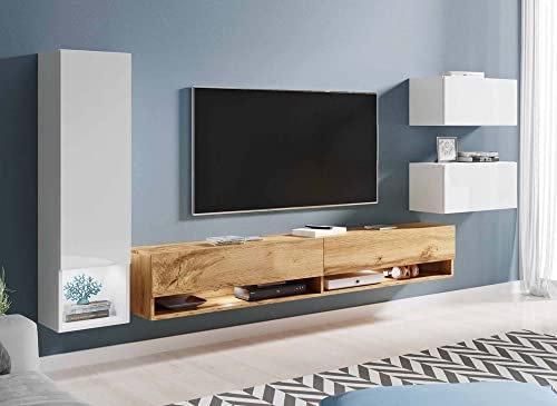 DecoInParis Meuble TV Contemporain chêne et Blanc laqué avec LED - Amanda