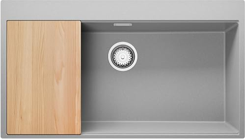 PRIMAGRAN Evier d'angle en Granit Gris 88x50cm, Lavabo Cuisine 1 bac + Kit de Vidage + Planche à Découper, Évier à Encastrer au Meuble 90cm - Oslo S709