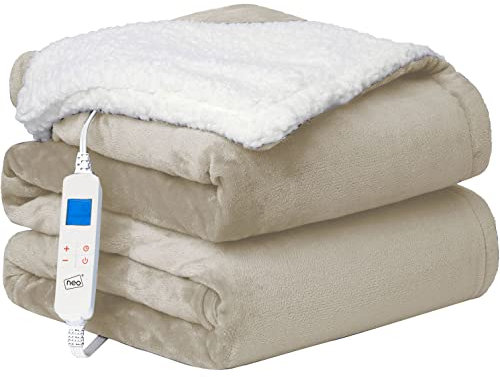 Neo Electric Heated Throw Over Blanket Soft Thickened Flannel Sherpa Reversible (Beige)