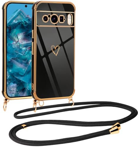 Vauki handyband für Google Pixel 8 Pro 5G Hülle mit Band, Handyhülle mit Kette, Herz Motiv, Ultra Dünn Stoßfeste Aesthetic Case mit Kordel zum Umhängen für Google Pixel 8 Pro 6.7, Schwarz