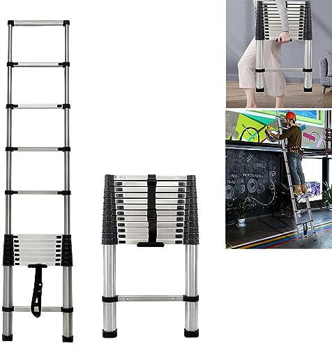 Telescoping Ladder 3.8M Stainless Steel Extension Folding Ladder 12.5FT, Portable Heavy Duty Multi-Purpose Telescopic Ladder with Slip-Proof Feet, 330LBS Capacity, Ladder for Home Loft or RV