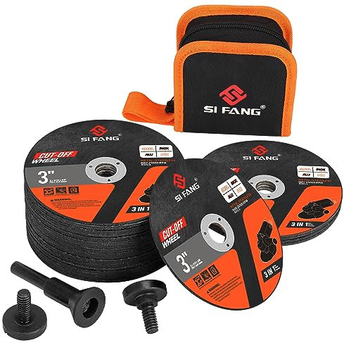 SI FANG 25Pcs 3 inch Cut Off Wheels with 1/4 in Mounting Mandrel Kit for Die Grinder, 76mm x 1.2mm x 9.5mm Arbor Metal Cutting Discs with Pouch for Rotary Tool Drill Attachment Cutter