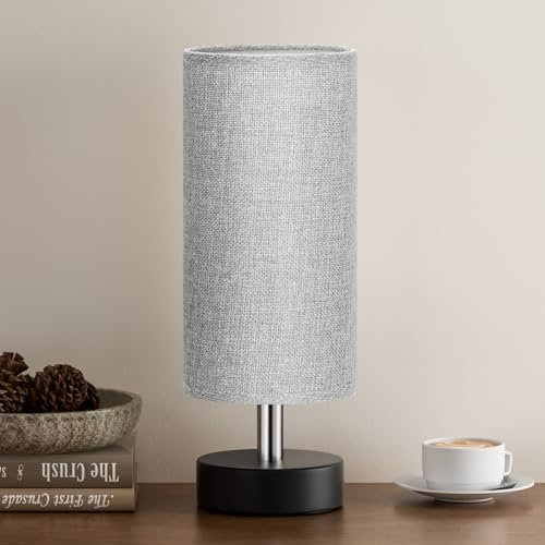 Kakanuo Lampe de Chevet, Petite Lampe de Table à Cordon Moderne avec Abat-jour en Lin Gris et Base Noire pour Chambre Salon D'enfant Bureau(Ampoule Non Incluse)