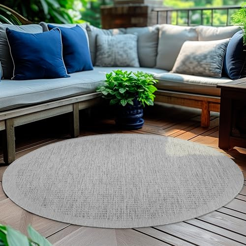 HomebyHome In- & Outdoor Teppich Wetterfest 120 cm Rund Einfarbig Grau - Waschbar, Wasserfest, Pflegeleicht und Flachgewebe - Ideal für Balkon, Garten, Terrasse und als Küchenteppich