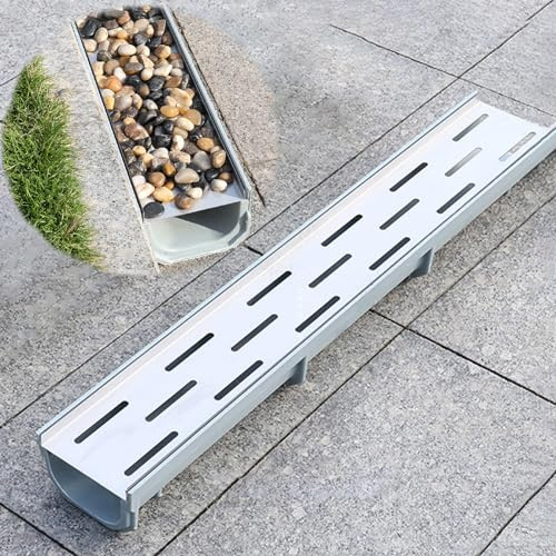 Caniveau Exterieur Caniveau avec Grille en Inox, Gouttière de Drainage de Tranchée pour Le Remplissage de Pavés, Kit de Tranchée de Drainage Intérieur et Extérieur(W-15cm(5.9) x H-15cm(5.9))