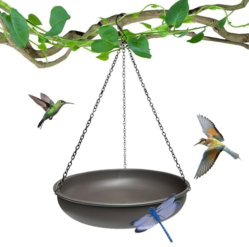 Vogeltränke zum Aufhängen, 29,8 cm, dunkles Curry, Metall, Vogeltränke, Schüssel mit 43,2 cm, rostfreien schwarzen Ketten, für Garten, Hinterhof, Dekoration mit magnetischer Libellen-Dekoration
