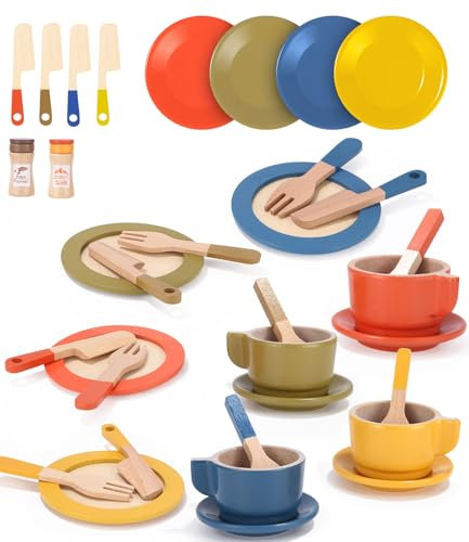 26 PCS Puppengeschirr Kinderküche Spielküche Zubehör, Geschirrset Aus Holz, Küchen Spielzeug für Rollenspiele, Geschenk für Kinder Ab 3 Jahren