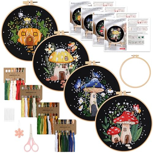 Dremisland 4 Stück Anfänger Stickerei Set Pilzhaus Sticken Set Blumenmuster Pflanzen Kreuzstich Kit Pilz Starter Tools Kit mit Kunststoff Stickrahmen Erwachsene Handstickerei Kits DIY Kunst