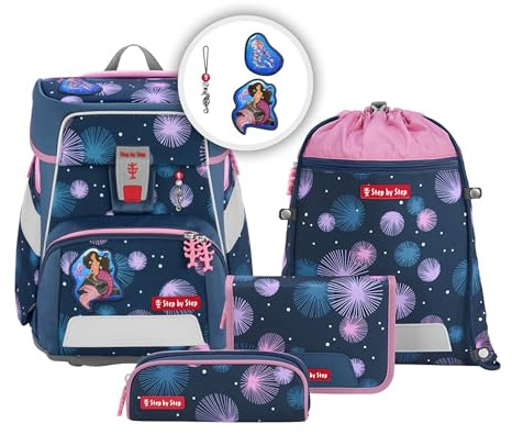 Step by Step Schulranzen-Set SPACE „Mermaid Delia“ 5-teilig, blau-rosa, Meerjungfrau-Design, ergonomischer Tornister mit Reflektoren, höhenverstellbar mit Hüftgurt für Mädchen ab der 1. Klasse, 20L