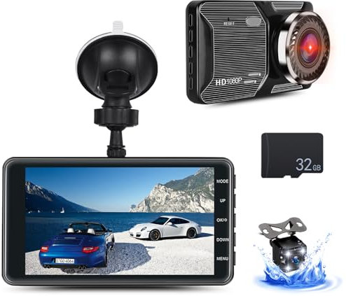 Dash Cam Front and Rear with 32GB Memory Card 4.0 Inch 1080P Touchscreen Dual Camera Dash Cams DVR Car Driving Recorder with Rear Camera Night Vision Loop Recording Emergency Protection