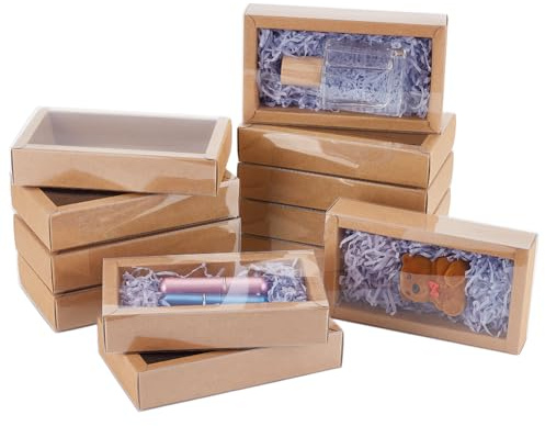 BENECREAT 12PCS Braun Kraft Geschenk Schublade Box, durchsichtigen Kunststoff Deckel Geschenk Schublade Box mit PVC Transparent Fenster für Schmuck Geschenk Verpackung Party Favours, 14x7x3cm
