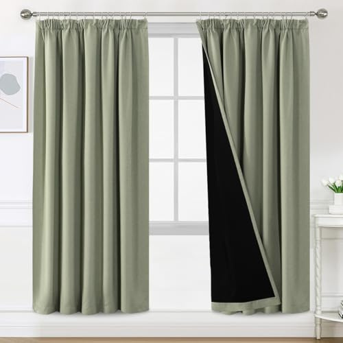 BellaHills 100% Blickdicht Vorhang mit Kräuselband 2er Set H245 x B140 cm Schlafzimmer Gardinen Blickdicht Verdunklungsvorhänge Thermal Curtains Blackout Vorhang, Salbei Hell