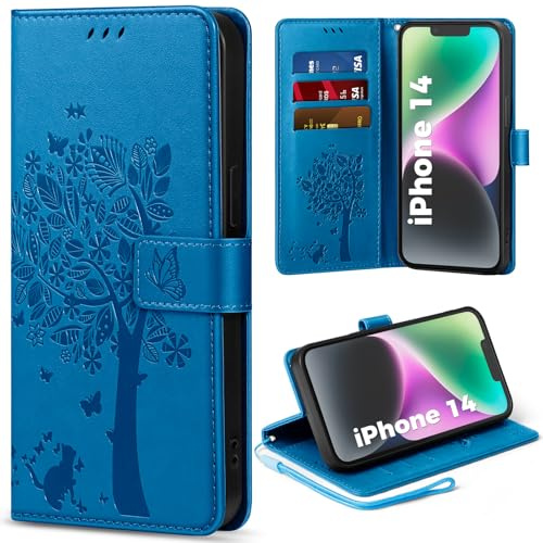 EASDNB Handyhülle für iPhone 14 Hülle Lederhülle Flip Wallet Case | 3 Kartenfächer, Magnet, Ständer, Premium Leder Prägung, Magnetic Closure, RFID Blockierung Klapphülle, Blau