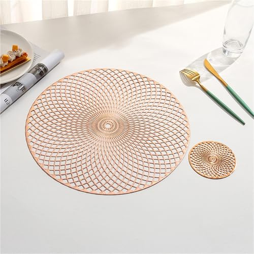 FAWFCJD Set di 6 Tovagliette Rotonde E Sottobicchieri, Tovagliette in PVC, Tovagliette Cave, Tovagliette Impermeabili, Resistenti al Calore, Protezione for Tavolo da Pranzo, Cucina(Rose Gold)