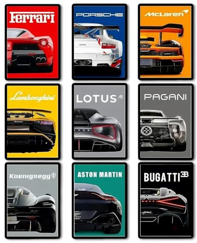 Lot de 9 posters de voiture, posters de supercar, art mural pour garçons et hommes, chambre à coucher, art mural de voiture de course pour bureau, salon, cadeau pour les amateurs de voitures, les