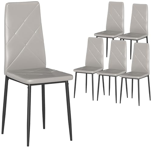 HOMCOM Set di 6 Sedie Sala da Pranzo in Finta Pelle, Sedie Cucina con Schienale Alto con Cuciture a Diamante e Gambe in Acciaio, Sedia Moderne per Cucina, Camera da Letto, Ufficio e Soggiorno, Grigio