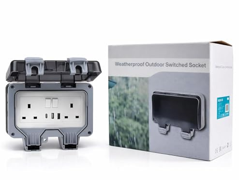 Outdoor Weatherproof Double Switched Socket with USB-A & USB-C – 1 Pack | 2 Gang IP66 Waterproof External Power Outlet for Garden, Garage & Outdoor Use