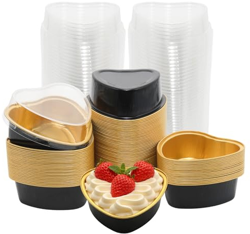 Wuyituart 100 Pack 3.4oz Aluminum Cake Pans with Lids Heart Shaped Cupcake Cups with Lids Flan Baking Cups, Black Gold