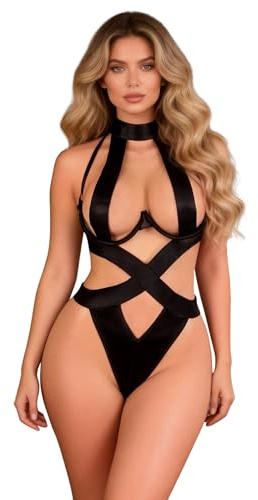 XJBTBA Bygel för damunderkläder XS-4XL, ihåliga kroppssele Strappy Teddy Bodysuits med öppningsbar halsring, stretchiga nattkläder Sexiga outfits för natten Plus Size