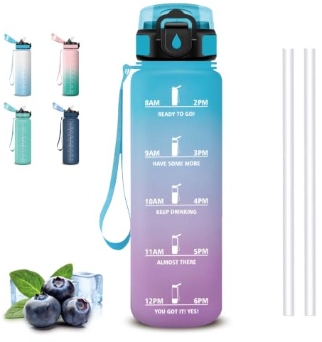 Mujigaga Botella Agua, Botella Agua 1 litro, Botellas Agua Gimnasio, A Prueba de Fugas, Botellas Reutilizable con Pajita, Ligero y Portátil, Cantimplora para la Ciclismo, Playa, Pilates y Yoga