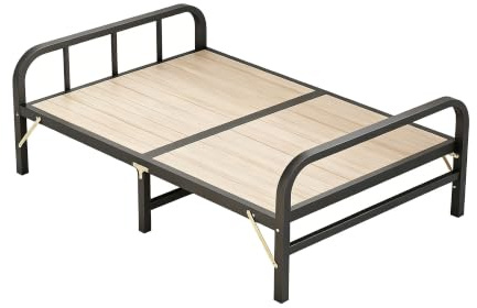 Vikbar sängram av massiv furu med tjock i kolstål | Hopfällbar gästbädd Madrassbotten for Sovrum Sjukhus Dorm Liten lägenhet(100x198cm)