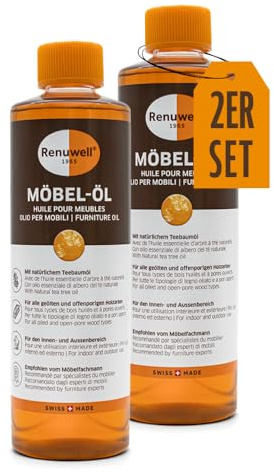 Renuwell Möbel-Öl, 2x 500 ml – Natürliches Pflegeöl für Holz mit Leinöl und Teebaumöl, farblos, Schutz für geölte und unbehandelte Holzoberflächen, Schweizer Qualität