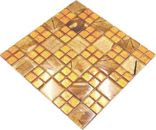 Mosaik Fliese Transluzent Kombination Glasmosaik Crystal Desert gold für WAND BAD WC DUSCHE KÜCHE, Mattengröße: 300x300 = 0,09 qm, Steingröße: 23x23/48x48x8 mm - 1 Matte