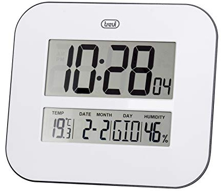 Trevi OM 3520 D Orologio Digitale con Ampio Display LCD, Termometro e Igrometro, Calendario Multilingue, Facile Installazione a Parete/Tavolo, Funzionamento a Batterie AA, Bianco