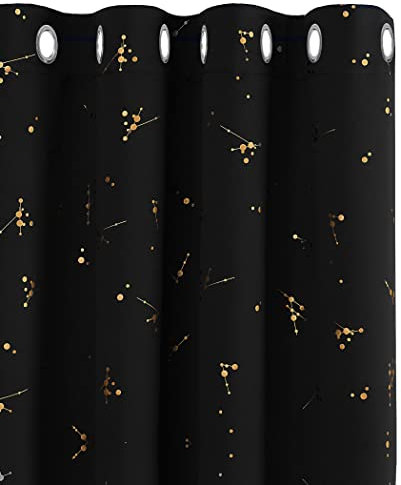 Deconovo Blackout Curtains, Eyelet Curtains, Gold Constellation Printed Thermal Insulated Curtains for Kids Bedroom, 46 x 54 Inch(Width x Length), Black, 2 panels