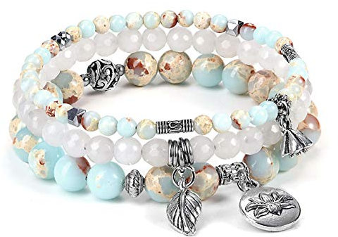 JSDDE Schmuck Wickelarmband Mehrschichtiges Armbänder Set Freundschaftsarmband Partnerarmbänder aus Edelsteine Heilsteine mit Lotus Blätter Anhänger für Damen Frauen (Kaiser Jaspis)