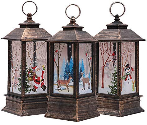 Christmas Lanterns, 3PCS Christmas Decorations Lights Vintage Xmas Candle with LED Tea Light Santa Claus Elk Snowman Pattern ,Fireless Candles Lamp for Party Decor Xmas Lantern Decorations